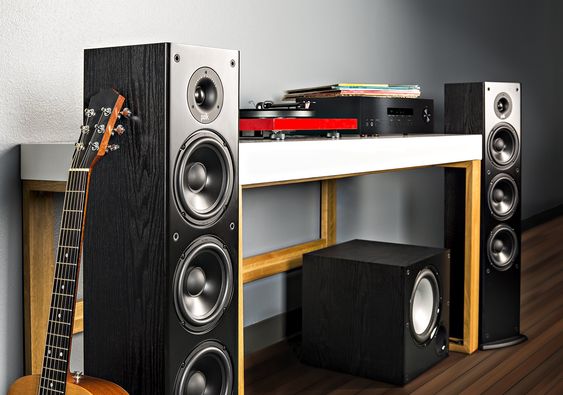 Polk Audio T50 150 Floor Standing Speakers in a music studio with other equipments
